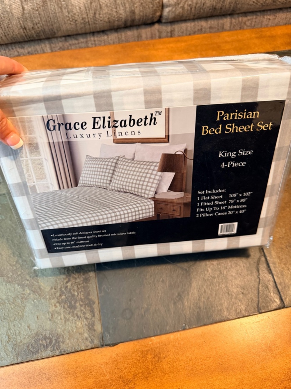 King Size Parisian Bed Sheet Set in Gray/Taupe and White Plaid. NEW 4 piece set